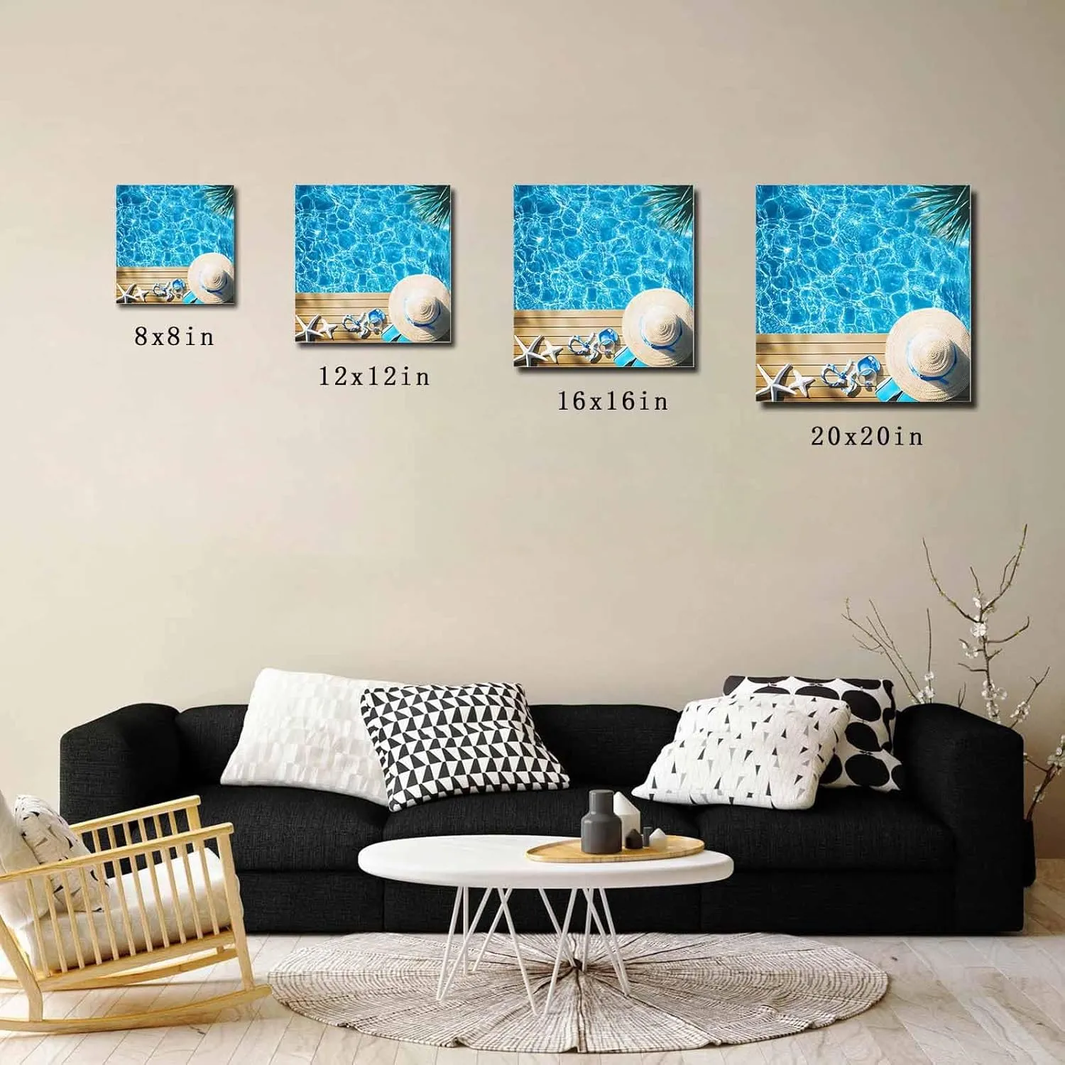 Summer Pool Canvas Wall Art Framed Art Prints Abstract Straw Hat Slippers Tropical Plants Home Decor Living Room Office Wall Decor Ready to Hang Canvas Prints Artwork, 12x12 Inch