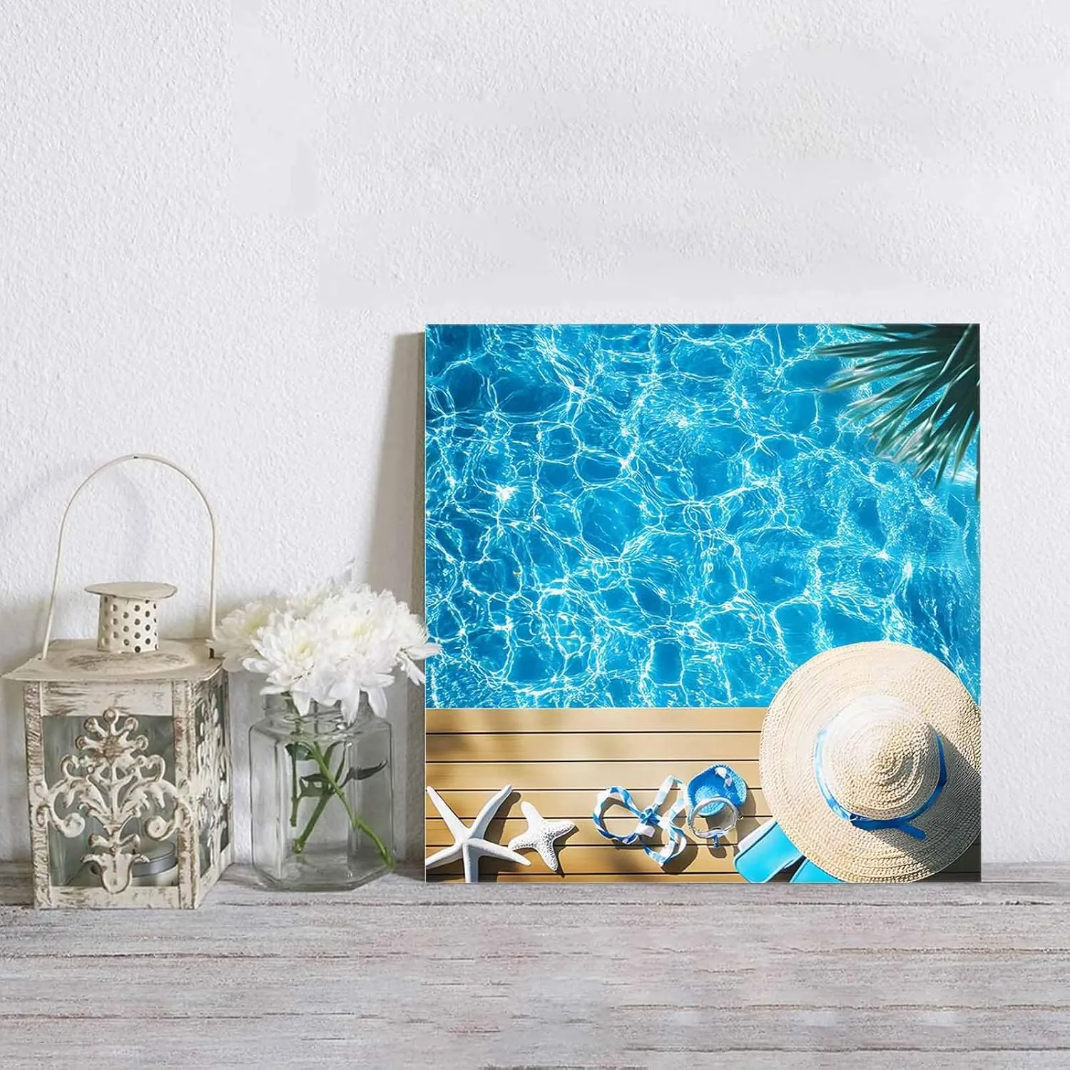 Summer Pool Canvas Wall Art Framed Art Prints Abstract Straw Hat Slippers Tropical Plants Home Decor Living Room Office Wall Decor Ready to Hang Canvas Prints Artwork, 12x12 Inch