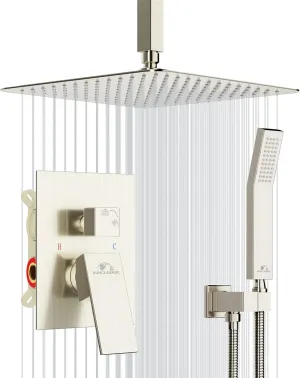 SunCleanse Rainfall Shower System Brushed Nickel Ceiling Mounted Shower System Combo Set with High Pressure 12 Inches Square Rain Shower Head Handheld and Shower Faucet Rough-in Mixer Valve and Trim