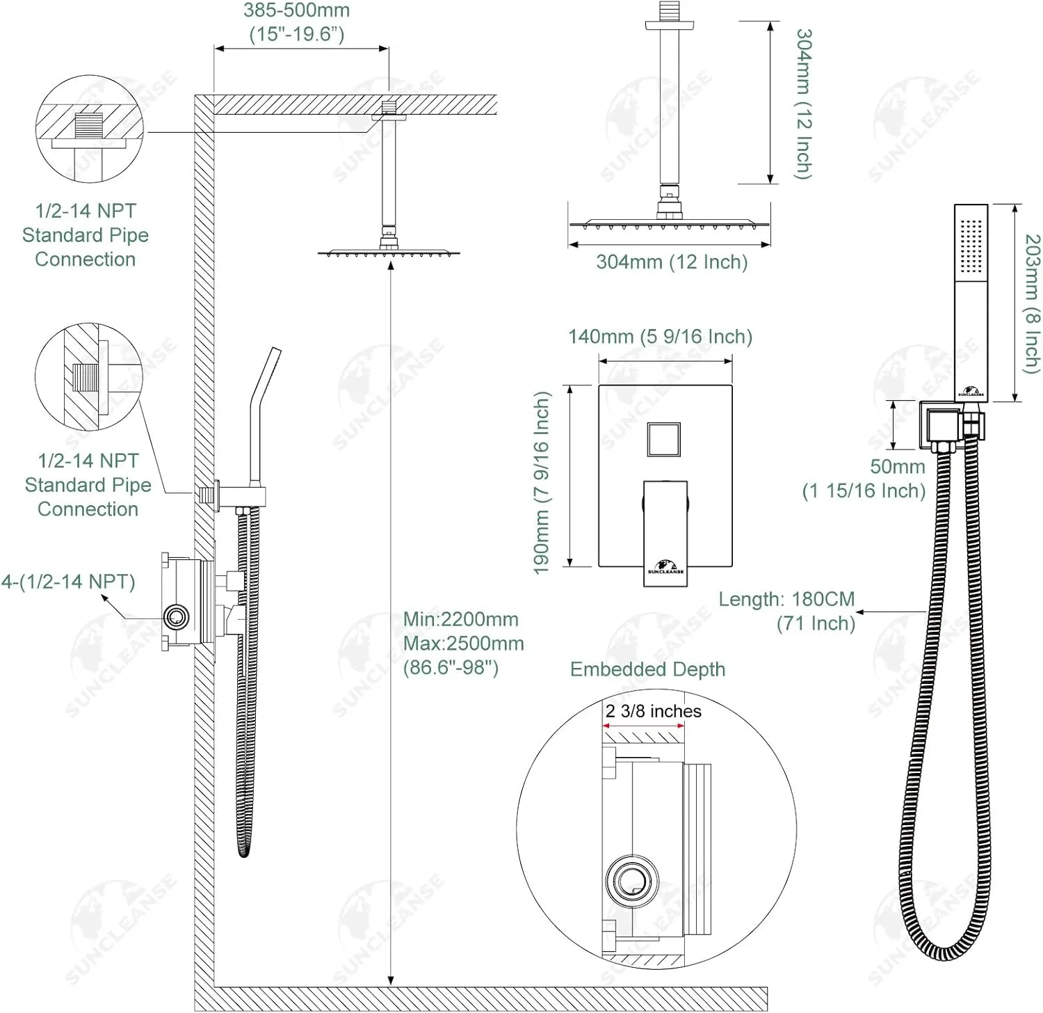 SunCleanse Rainfall Shower System Brushed Nickel Ceiling Mounted Shower System Combo Set with High Pressure 12 Inches Square Rain Shower Head Handheld and Shower Faucet Rough-in Mixer Valve and Trim