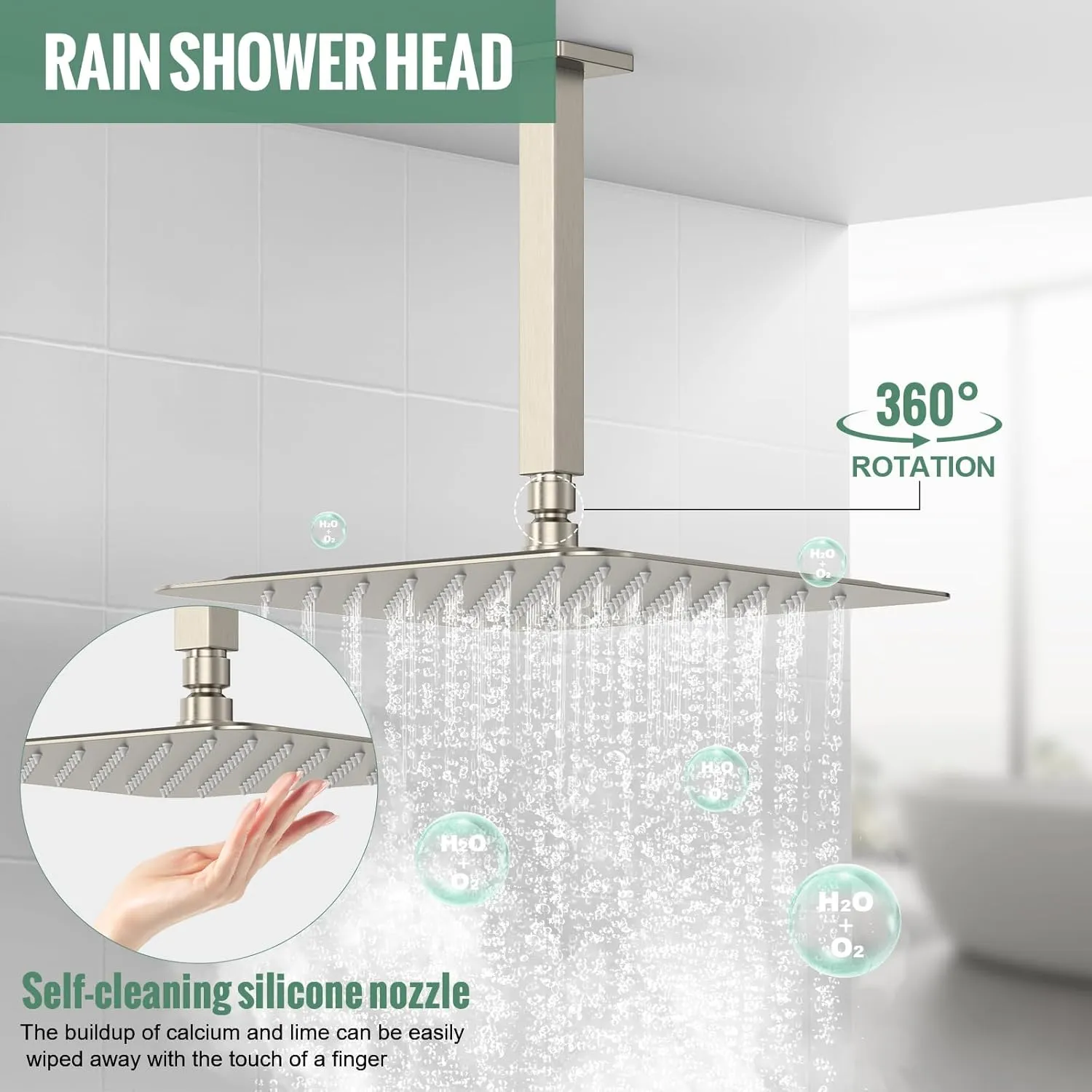 SunCleanse Rainfall Shower System Brushed Nickel Ceiling Mounted Shower System Combo Set with High Pressure 12 Inches Square Rain Shower Head Handheld and Shower Faucet Rough-in Mixer Valve and Trim