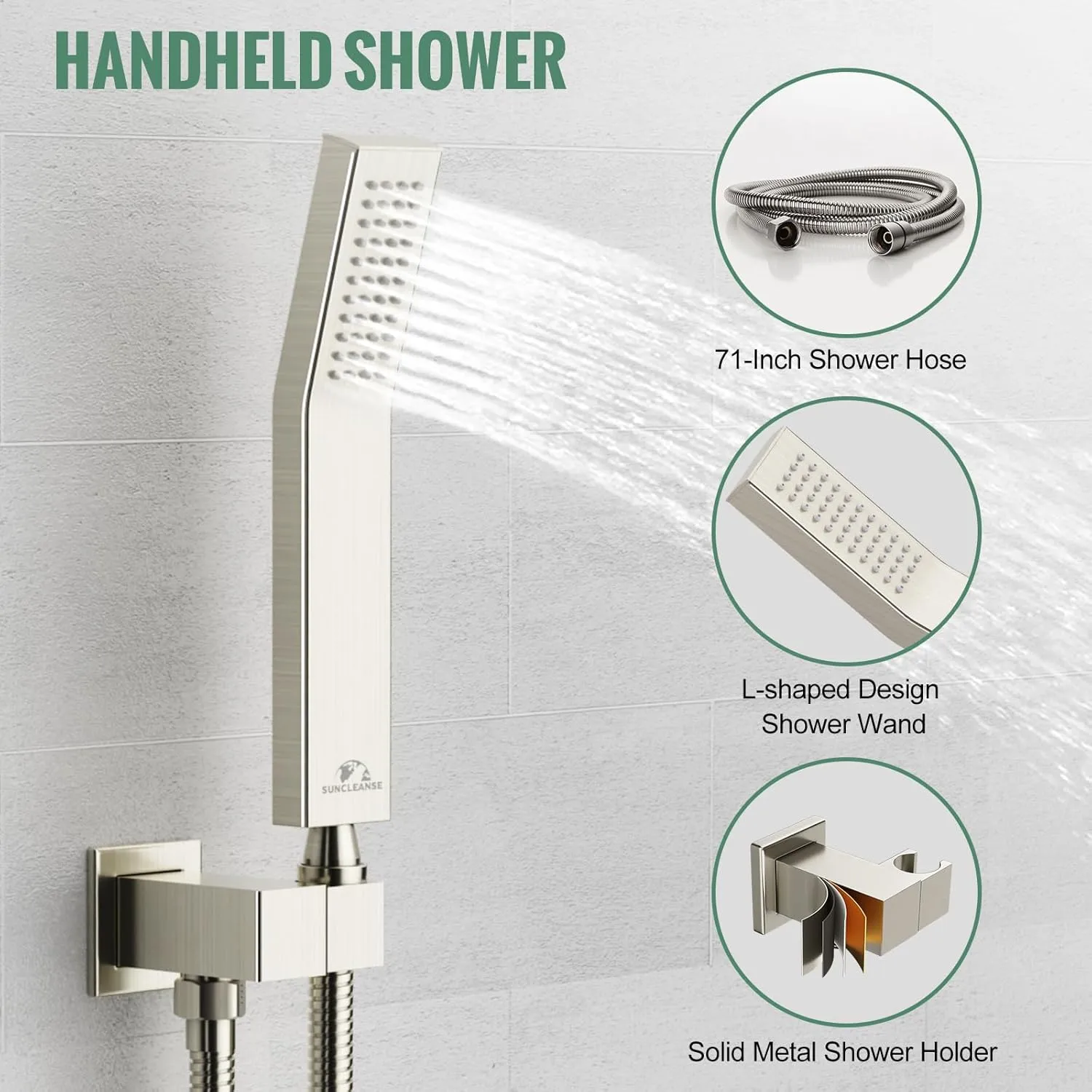 SunCleanse Rainfall Shower System Brushed Nickel Ceiling Mounted Shower System Combo Set with High Pressure 12 Inches Square Rain Shower Head Handheld and Shower Faucet Rough-in Mixer Valve and Trim