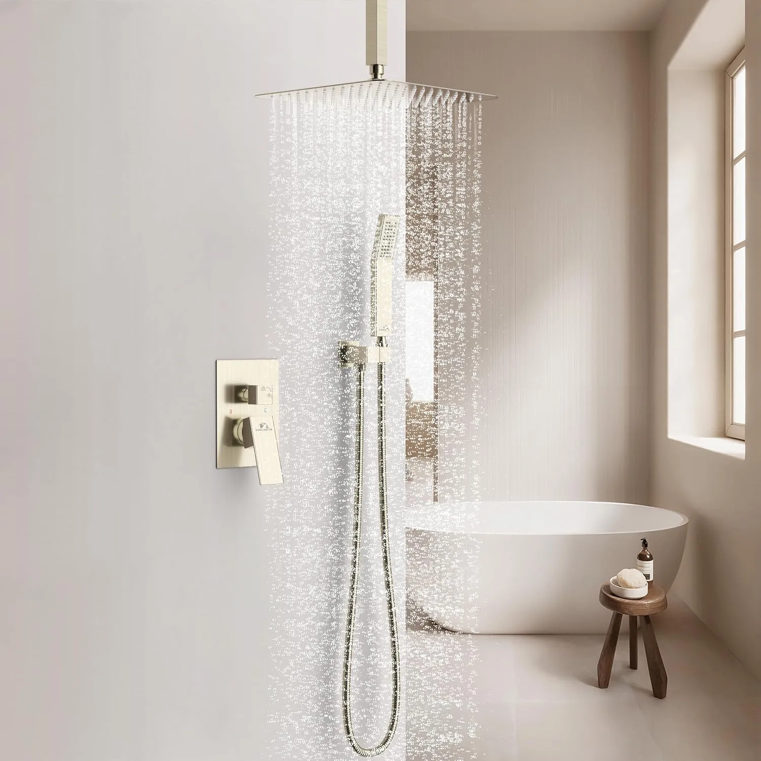 SunCleanse Rainfall Shower System Brushed Nickel Ceiling Mounted Shower System Combo Set with High Pressure 12 Inches Square Rain Shower Head Handheld and Shower Faucet Rough-in Mixer Valve and Trim