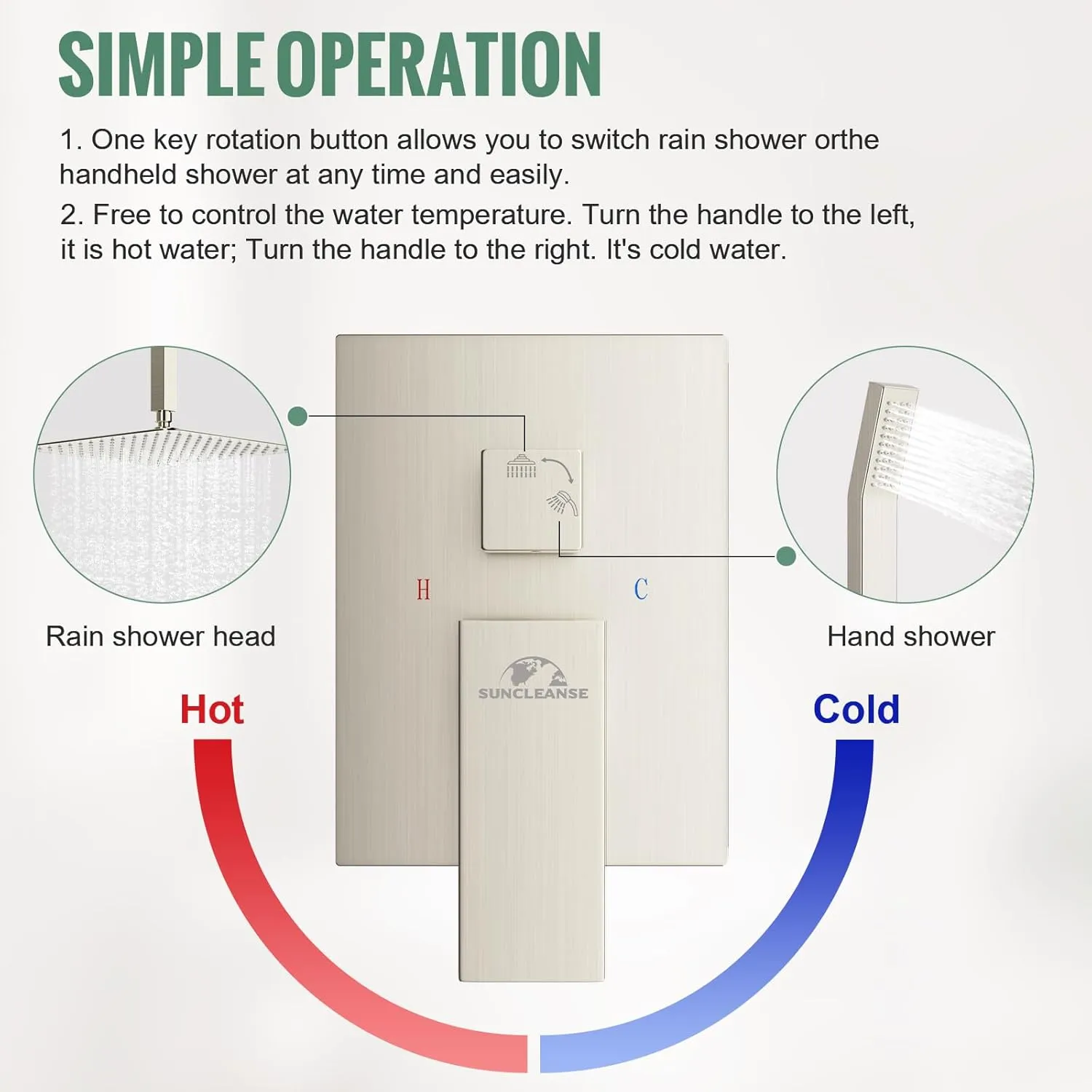 SunCleanse Rainfall Shower System Brushed Nickel Ceiling Mounted Shower System Combo Set with High Pressure 12 Inches Square Rain Shower Head Handheld and Shower Faucet Rough-in Mixer Valve and Trim