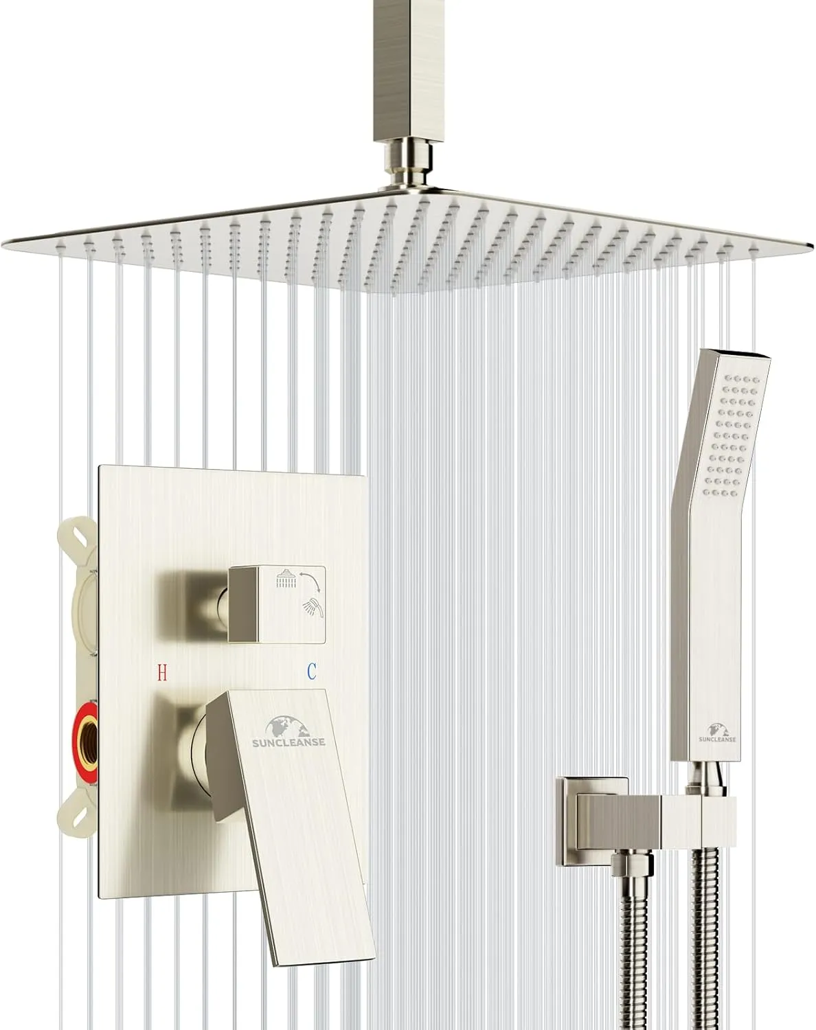 SunCleanse Rainfall Shower System Brushed Nickel Ceiling Mounted Shower System Combo Set with High Pressure 12 Inches Square Rain Shower Head Handheld and Shower Faucet Rough-in Mixer Valve and Trim