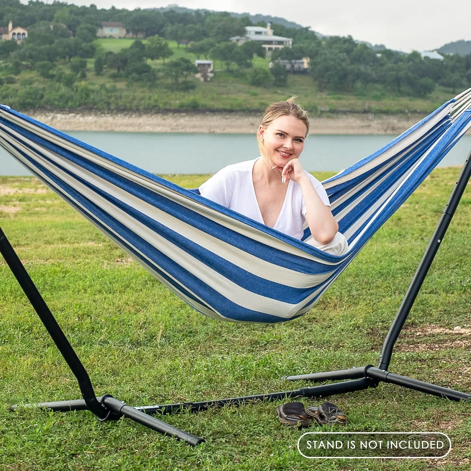 SUNCREAT Large Hammocks for Outside, Long Replacement Hammock Two Person for Stand, Blue White Stripes