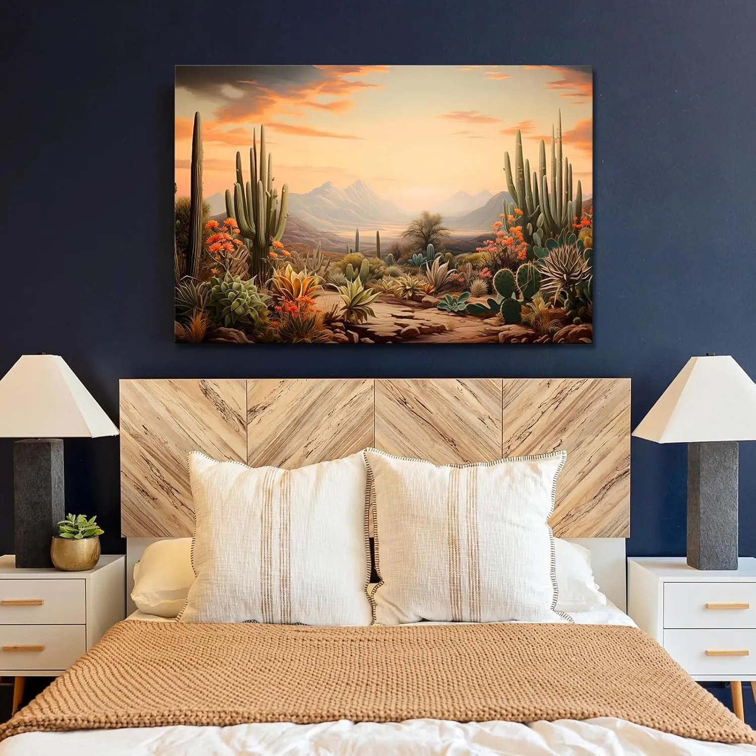 Sunrise Desert Landscape canvas print, Orange wall art, Arizona Desert Cactus print Cactus Saguaro wall art, Southwestern Desert decor (Framed,12 * 18inch)