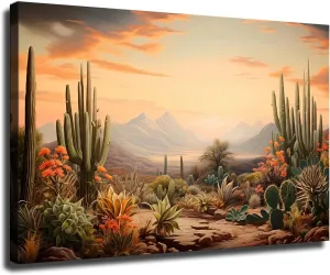Sunrise Desert Landscape canvas print, Orange wall art, Arizona Desert Cactus print Cactus Saguaro wall art, Southwestern Desert decor (Framed,12 * 18inch)
