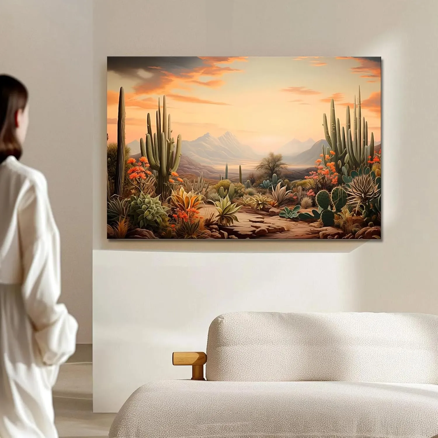 Sunrise Desert Landscape canvas print, Orange wall art, Arizona Desert Cactus print Cactus Saguaro wall art, Southwestern Desert decor (Framed,12 * 18inch)