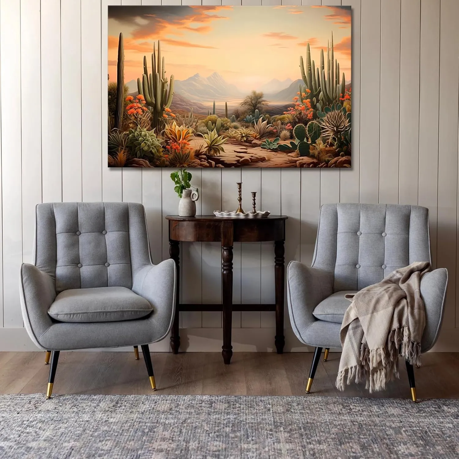 Sunrise Desert Landscape canvas print, Orange wall art, Arizona Desert Cactus print Cactus Saguaro wall art, Southwestern Desert decor (Framed,12 * 18inch)