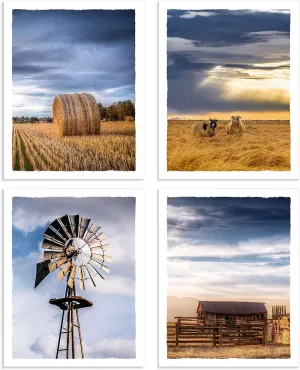 Sunset Countryside Farm Landscape Pictures Wall Art Decor Set of 4 Rustic Farmhouse Windmill Barn Straw Bales Scene Photograph Sheep Prints Unframed 8x10 Inch