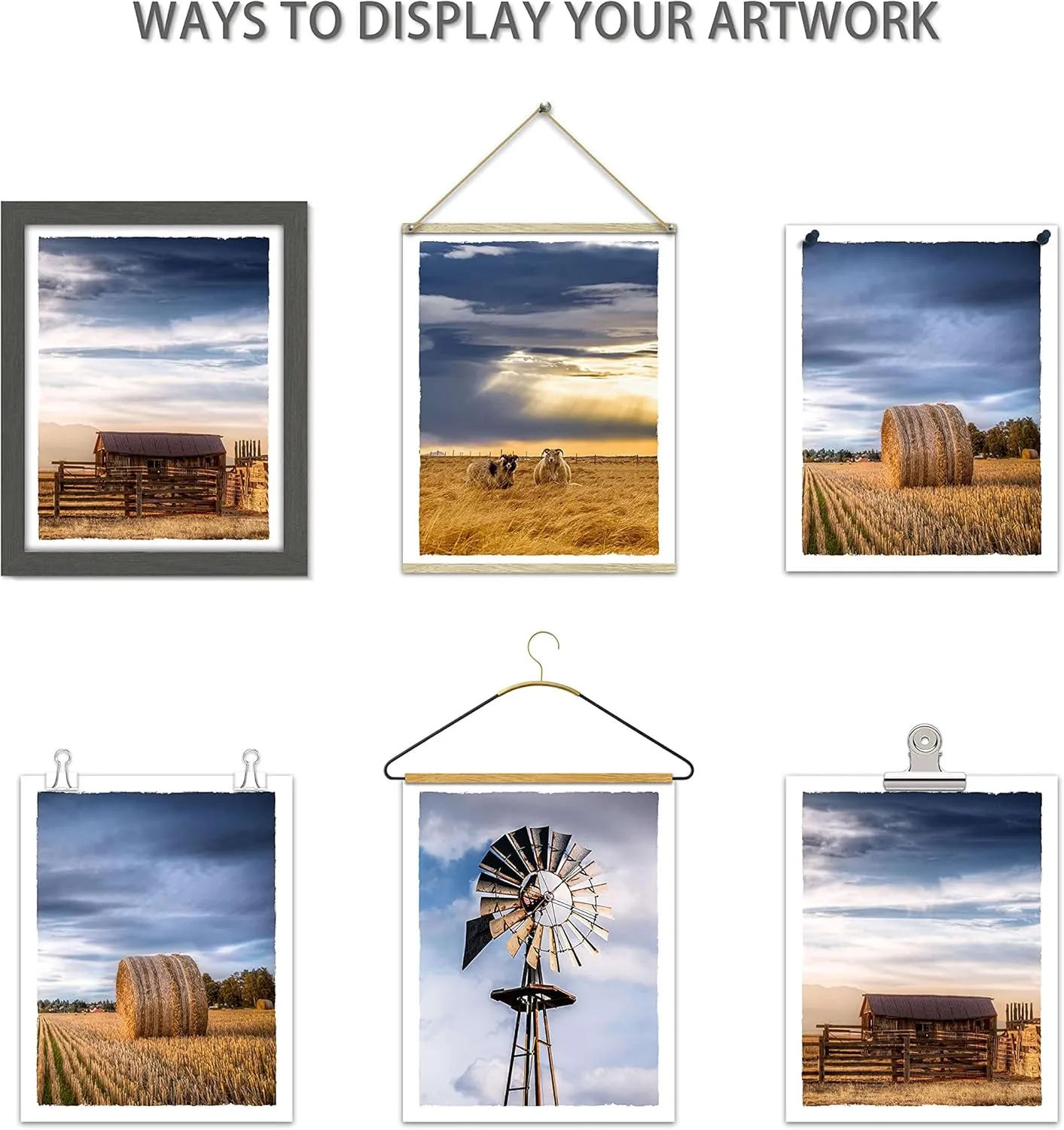 Sunset Countryside Farm Landscape Pictures Wall Art Decor Set of 4 Rustic Farmhouse Windmill Barn Straw Bales Scene Photograph Sheep Prints Unframed 8x10 Inch