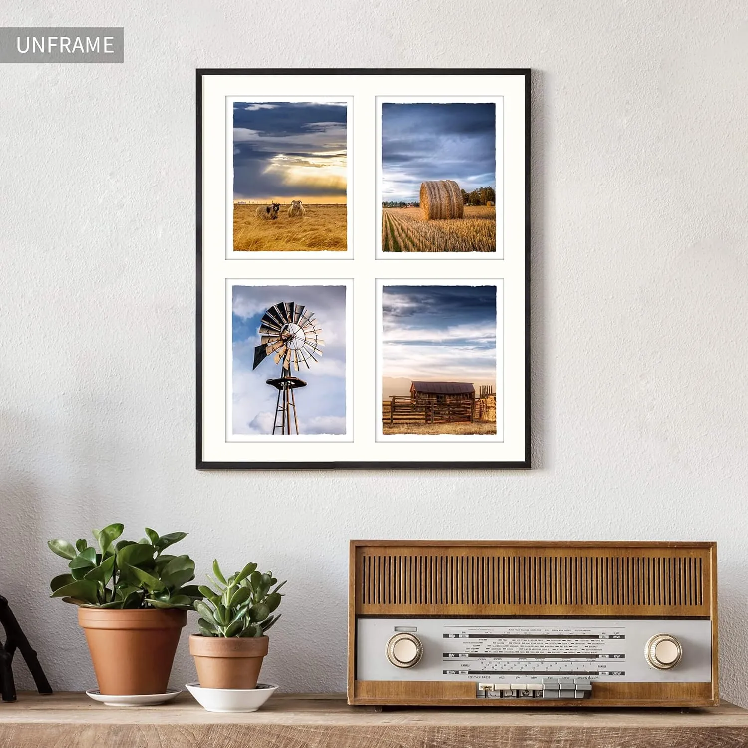 Sunset Countryside Farm Landscape Pictures Wall Art Decor Set of 4 Rustic Farmhouse Windmill Barn Straw Bales Scene Photograph Sheep Prints Unframed 8x10 Inch