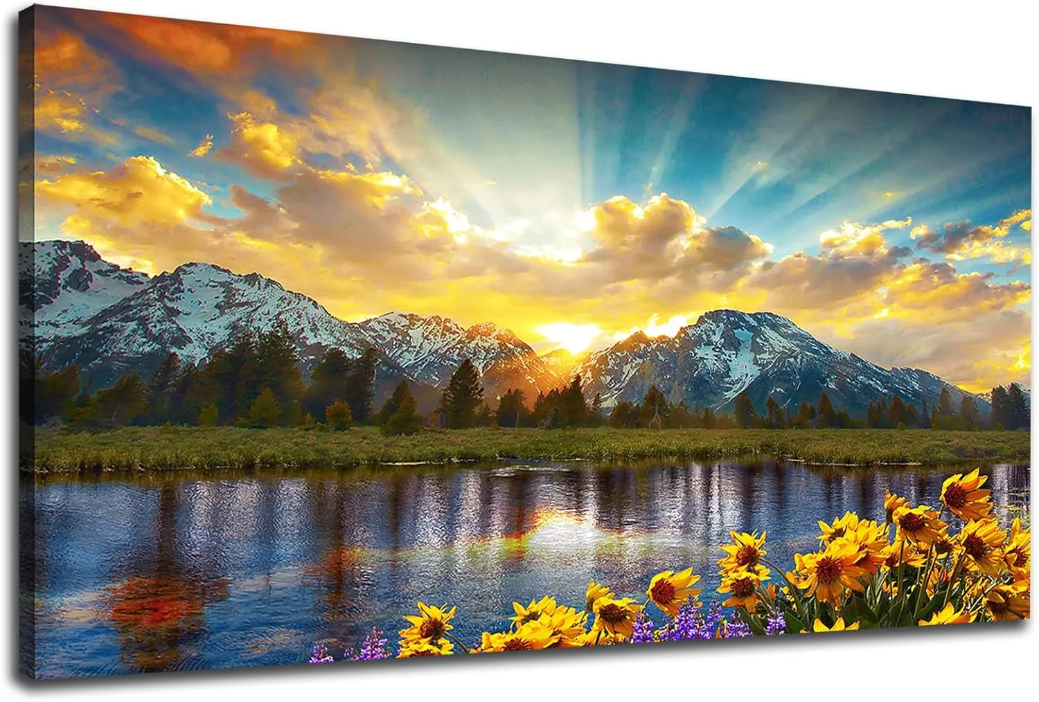 Sunset Mountain Canvas Wall Art Nature Landscape Pictures for Wall Decor Sunflowers Lake Grand Teton National Park Scenery Canvas Painting Artwork Living Room Home Office Decoration 24 x 48in
