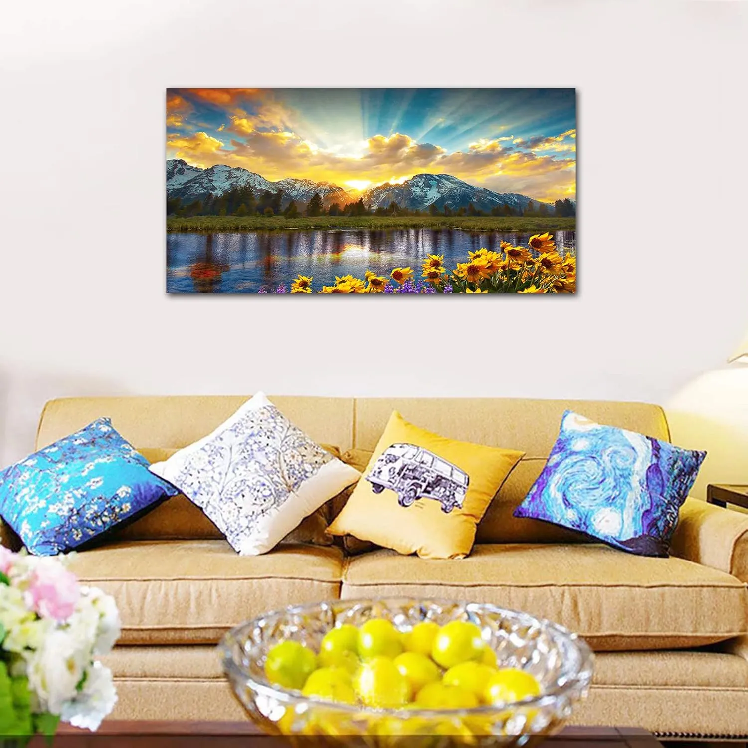 Sunset Mountain Canvas Wall Art Nature Landscape Pictures for Wall Decor Sunflowers Lake Grand Teton National Park Scenery Canvas Painting Artwork Living Room Home Office Decoration 24 x 48in