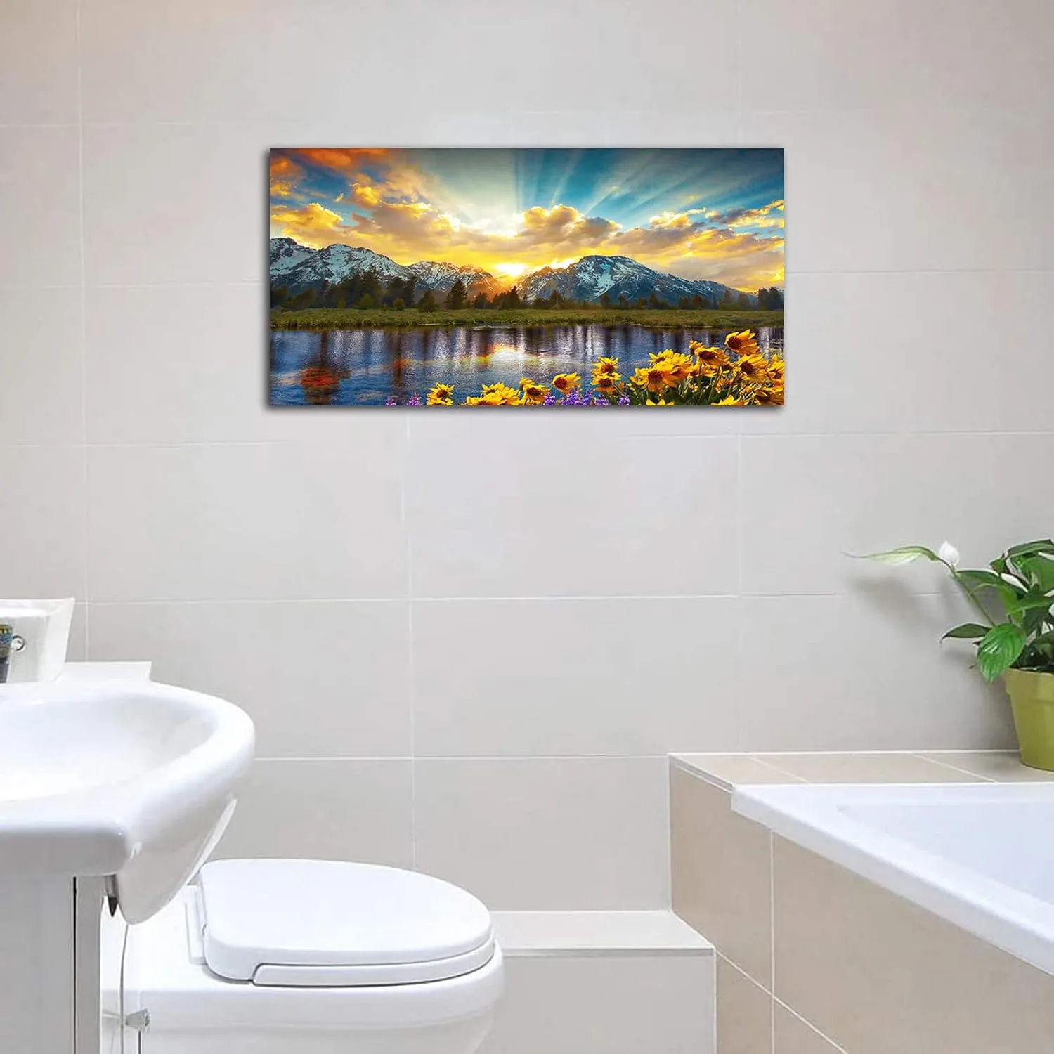 Sunset Mountain Canvas Wall Art Nature Landscape Pictures for Wall Decor Sunflowers Lake Grand Teton National Park Scenery Canvas Painting Artwork Living Room Home Office Decoration 24 x 48in