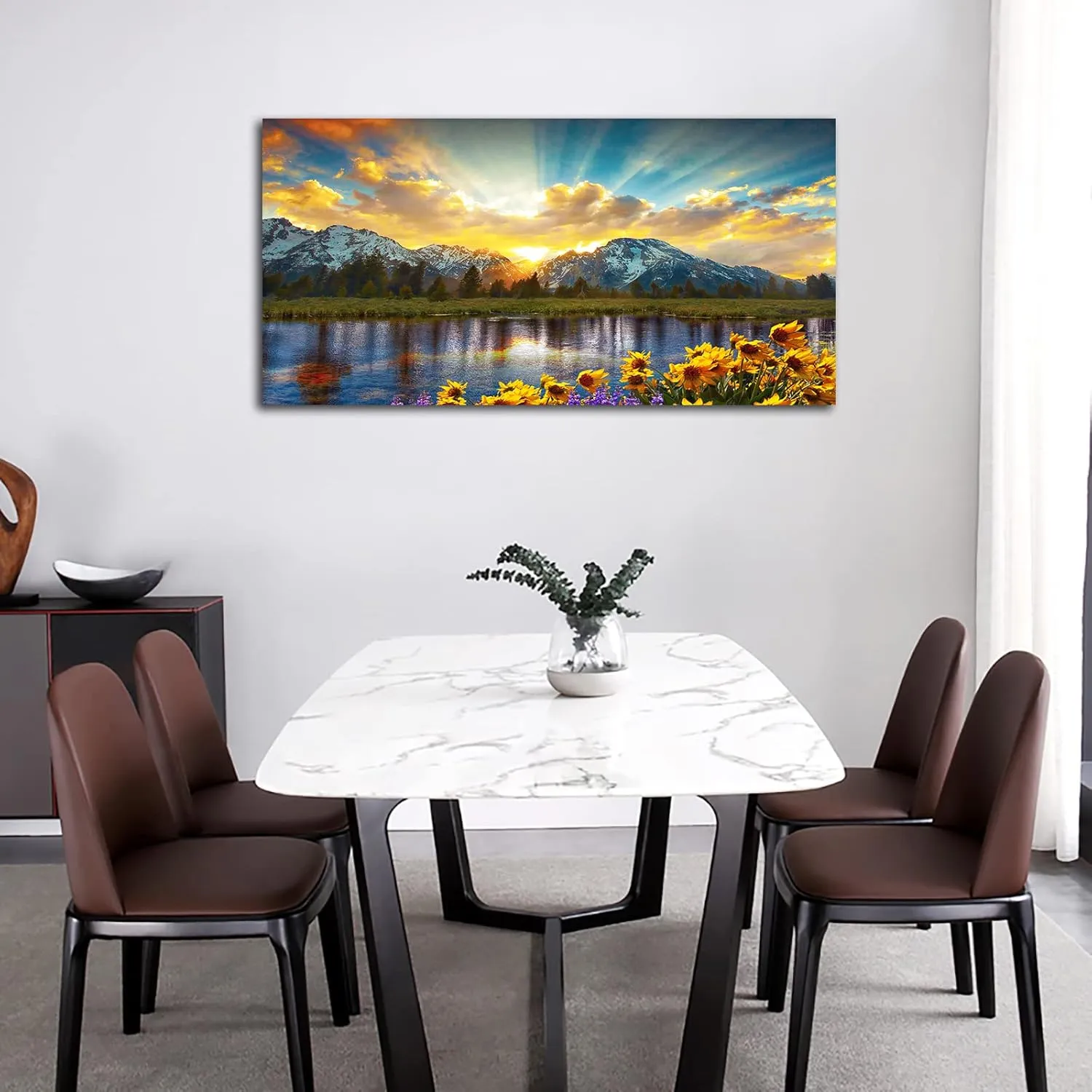 Sunset Mountain Canvas Wall Art Nature Landscape Pictures for Wall Decor Sunflowers Lake Grand Teton National Park Scenery Canvas Painting Artwork Living Room Home Office Decoration 24 x 48in