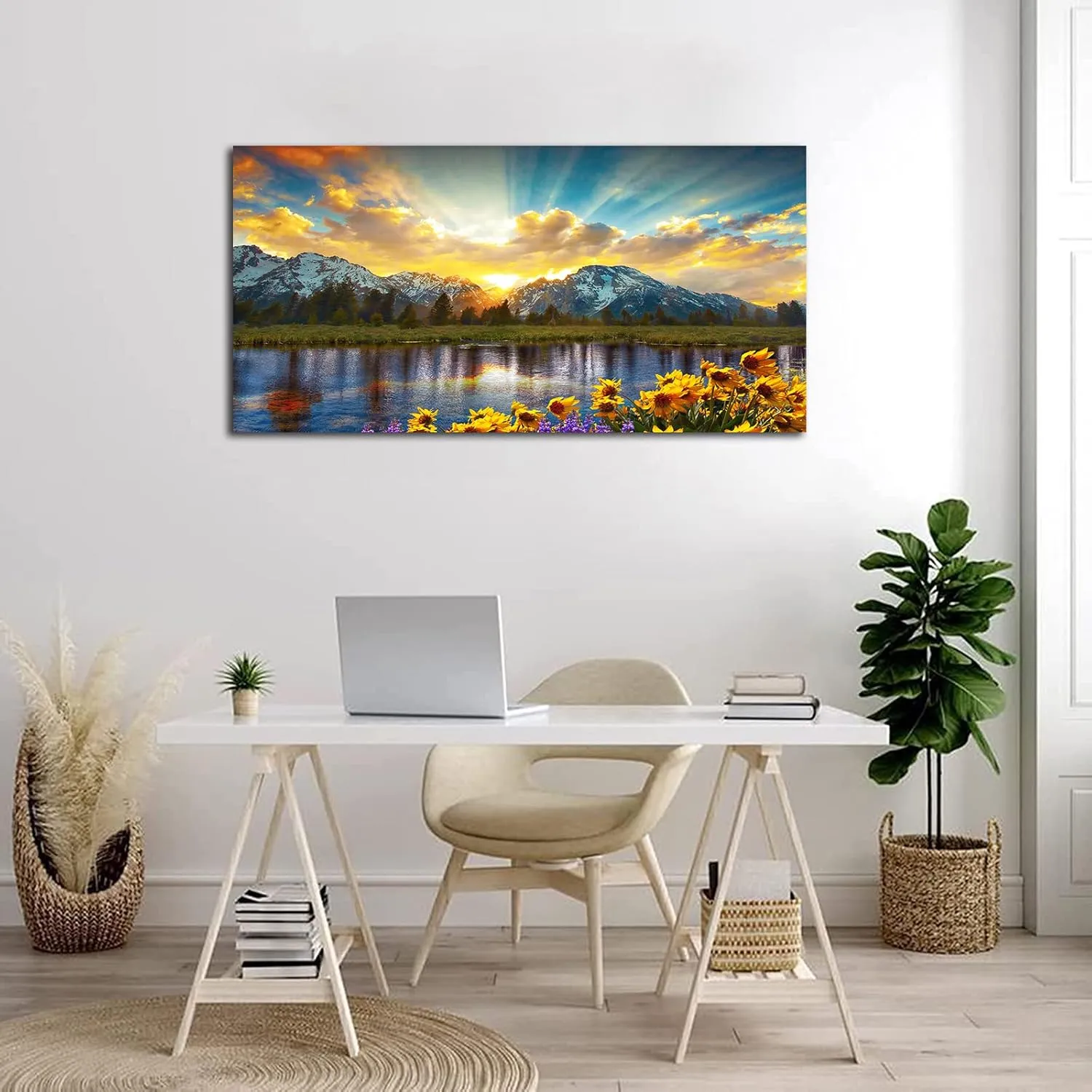 Sunset Mountain Canvas Wall Art Nature Landscape Pictures for Wall Decor Sunflowers Lake Grand Teton National Park Scenery Canvas Painting Artwork Living Room Home Office Decoration 24 x 48in