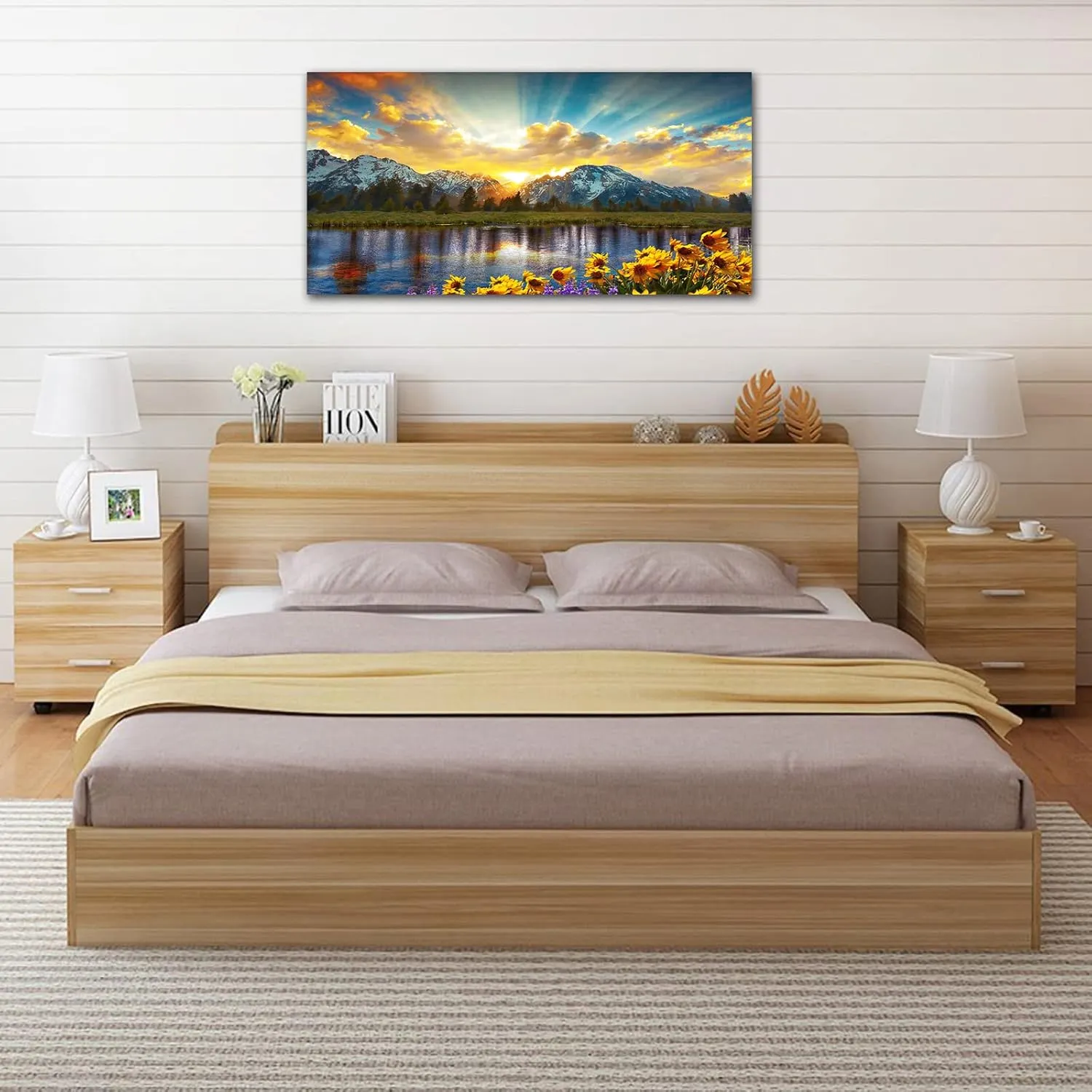 Sunset Mountain Canvas Wall Art Nature Landscape Pictures for Wall Decor Sunflowers Lake Grand Teton National Park Scenery Canvas Painting Artwork Living Room Home Office Decoration 24 x 48in
