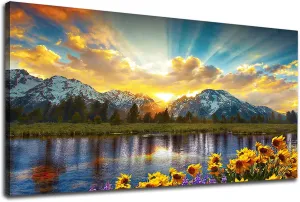 Sunset Mountain Canvas Wall Art Nature Landscape Pictures for Wall Decor Sunflowers Lake Grand Teton National Park Scenery Canvas Painting Artwork Living Room Home Office Decoration 24 x 48in