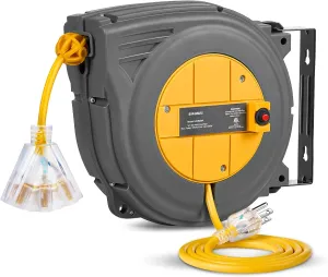 SURAIELEC 30 FT Retractable Extension Cord Reel, 16AWG/3C SJTW Power Cord Reel, 3 Electrical Outlets Triple Tap, 10A Circuit Breaker, Wall Mount/Ceiling Hanging for Workshop, Garage, ETL Listed
