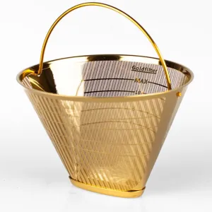 Sustainable Universal #4 Gold Titanium Coffee Filter, fits drip coffee makers w/standard #4 holder Technivorm Moccamaster. Stainless steel coated with titanium. Passes all safety regs