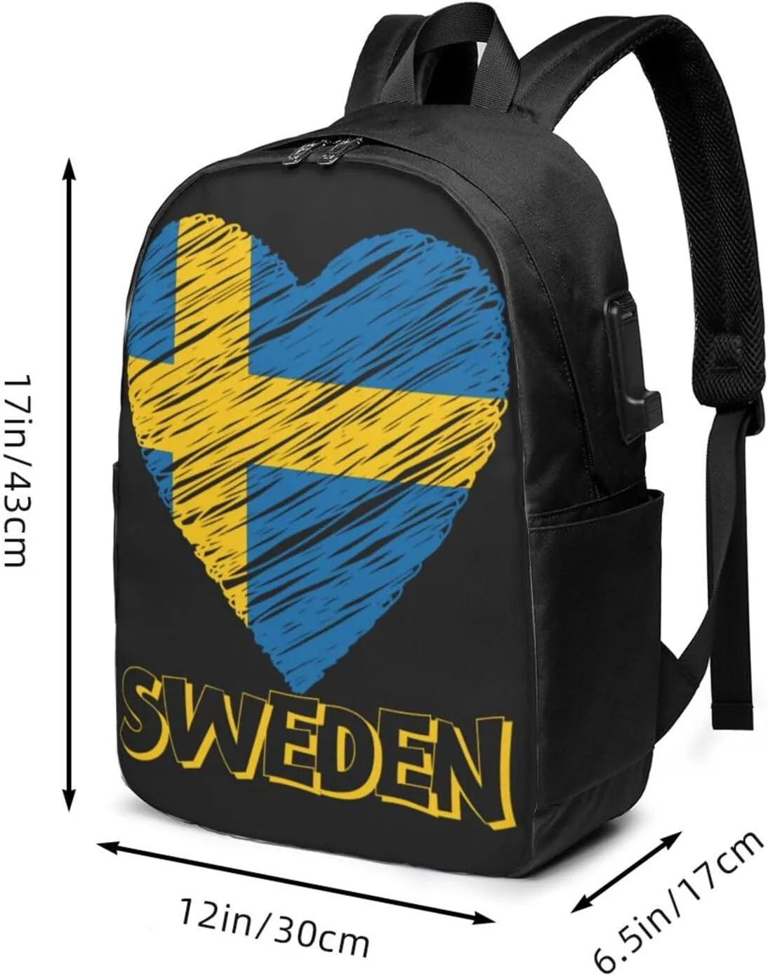 Swedish Sweden Flag Heart Laptop Backpacks Travel Backpack Casual Business Daypack Sport Rucksack Computer Bag Fits up to 17 Inch Notebook with USB Port