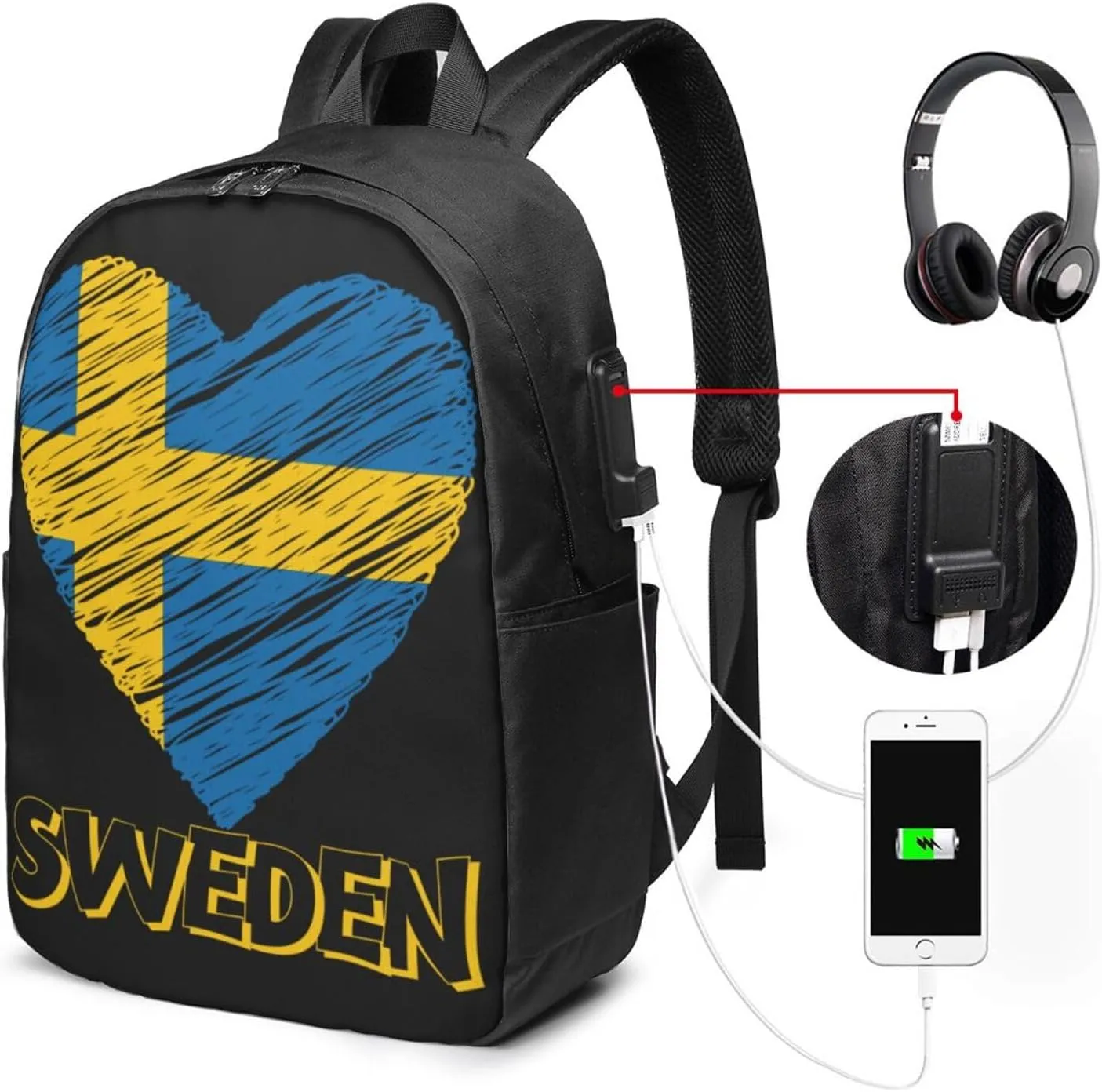 Swedish Sweden Flag Heart Laptop Backpacks Travel Backpack Casual Business Daypack Sport Rucksack Computer Bag Fits up to 17 Inch Notebook with USB Port