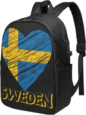 Swedish Sweden Flag Heart Laptop Backpacks Travel Backpack Casual Business Daypack Sport Rucksack Computer Bag Fits up to 17 Inch Notebook with USB Port