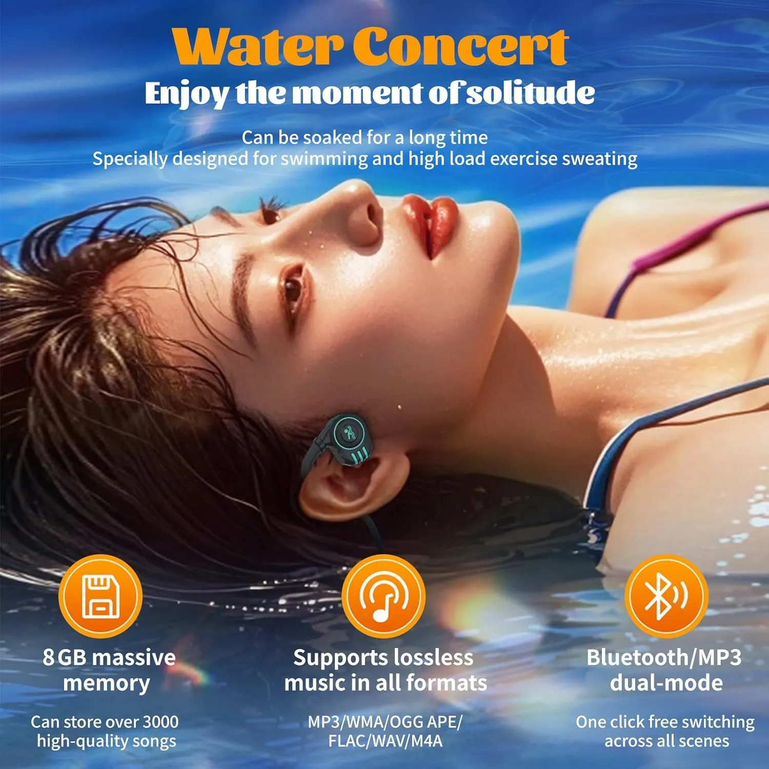 Swimming Bone Conduction Headphones, IP68 Waterproof Built-in MP3 Player 32G Memory, Underwater Swimming Headphone, Wireless Open Earphones Bluetooth 5.3 for Running, Cycling (Black)