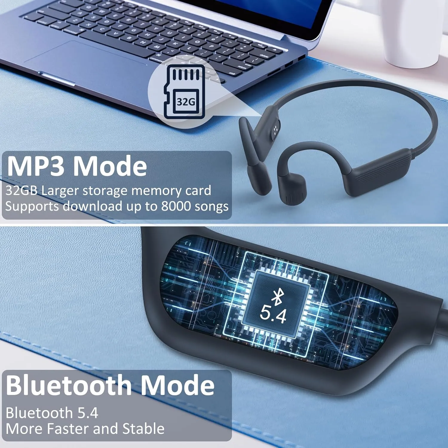 Swimming Headphones-Bone Conduction Headphones, IP68 Waterproof Open Earphones, Bluetooth 5.4 Underwater Sport Earbuds with 32 GB MP3 Memory for Swimming, Running, Cycling, Gym-Gray