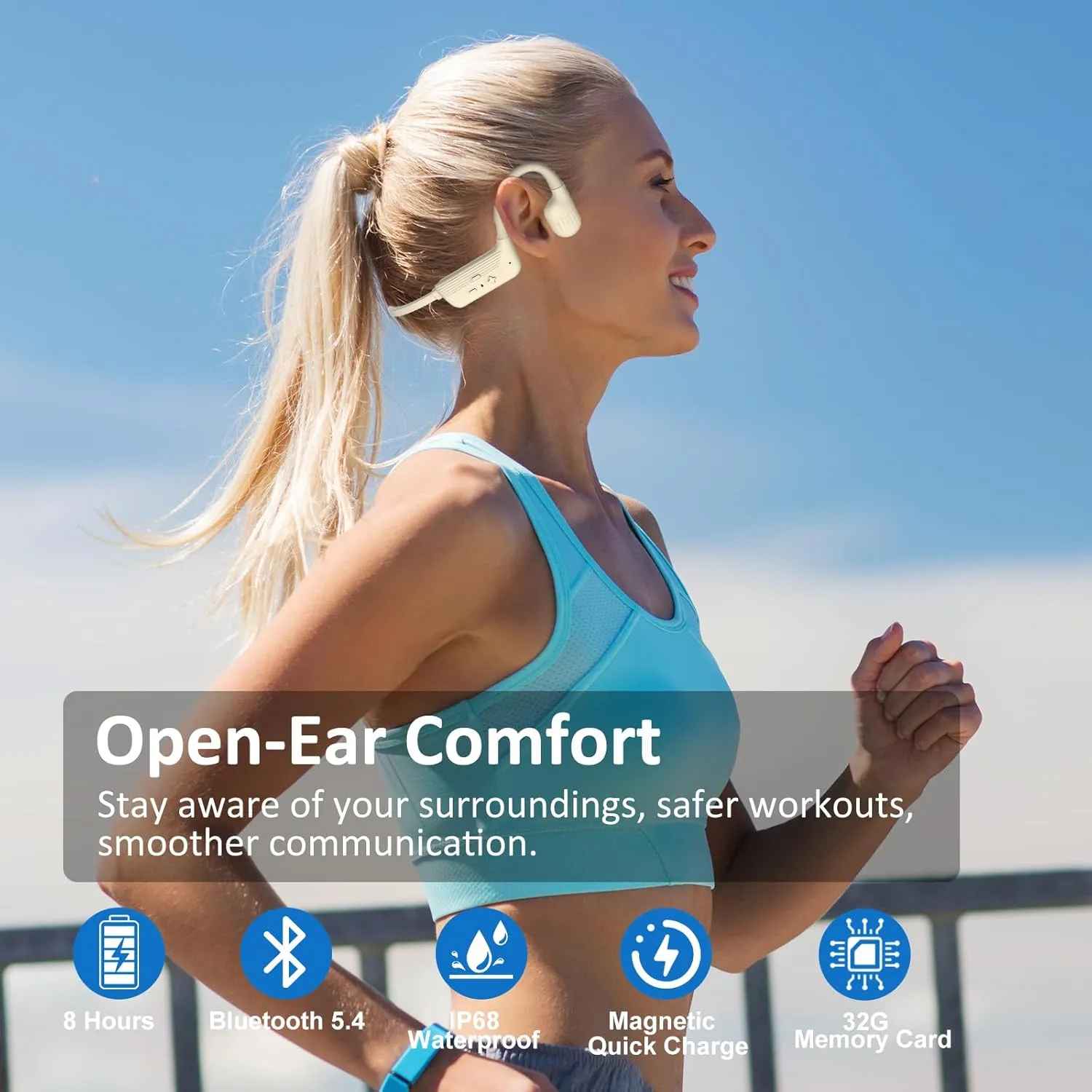 Swimming Headphones, IP68 Waterproof Bone Conduction Headphones with 32GB Memory, Bluetooth 5.4 Open Earphones, Wireless Underwater Earbuds for Swimming, Running, Sports（Beige）