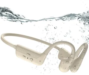 Swimming Headphones, IP68 Waterproof Bone Conduction Headphones with 32GB Memory, Bluetooth 5.4 Open Earphones, Wireless Underwater Earbuds for Swimming, Running, Sports（Beige）