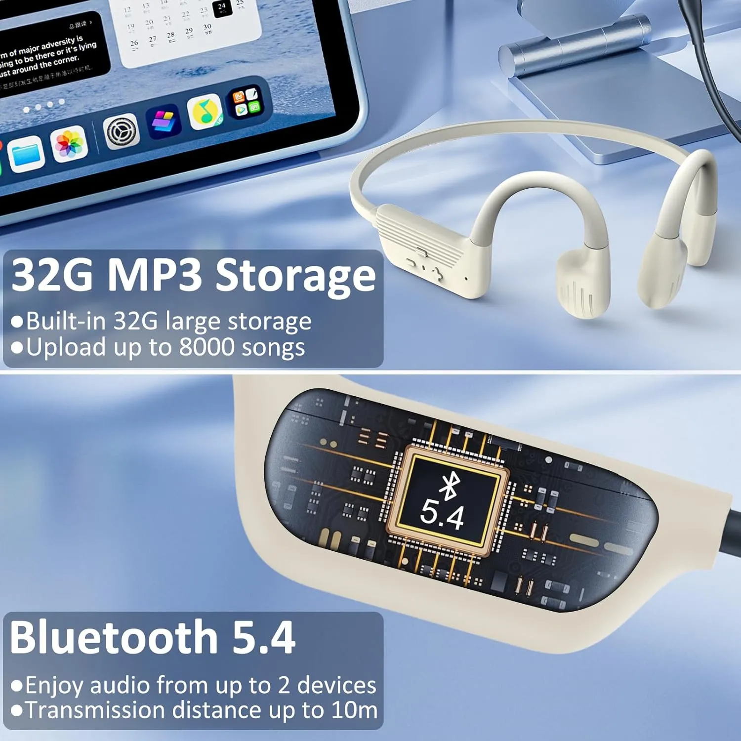 Swimming Headphones, IP68 Waterproof Bone Conduction Headphones with 32GB Memory, Bluetooth 5.4 Open Earphones, Wireless Underwater Earbuds for Swimming, Running, Sports（Beige）