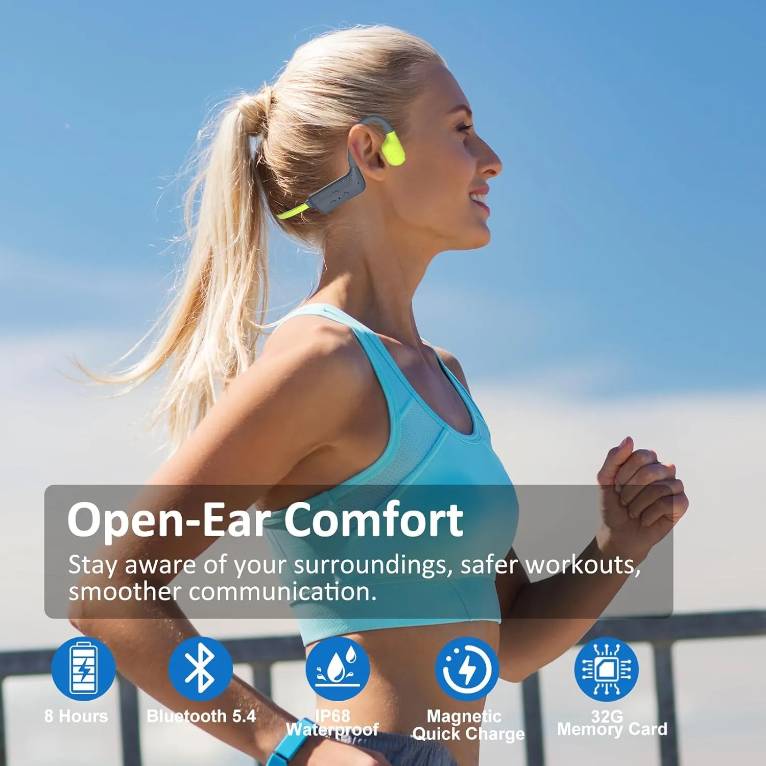 Swimming Headphones, IP68 Waterproof Bone Conduction Headphones with 32GB Memory, Bluetooth 5.4 Open Earphones, Wireless Underwater Earbuds for Swimming, Running, Sports（Chartreuse）