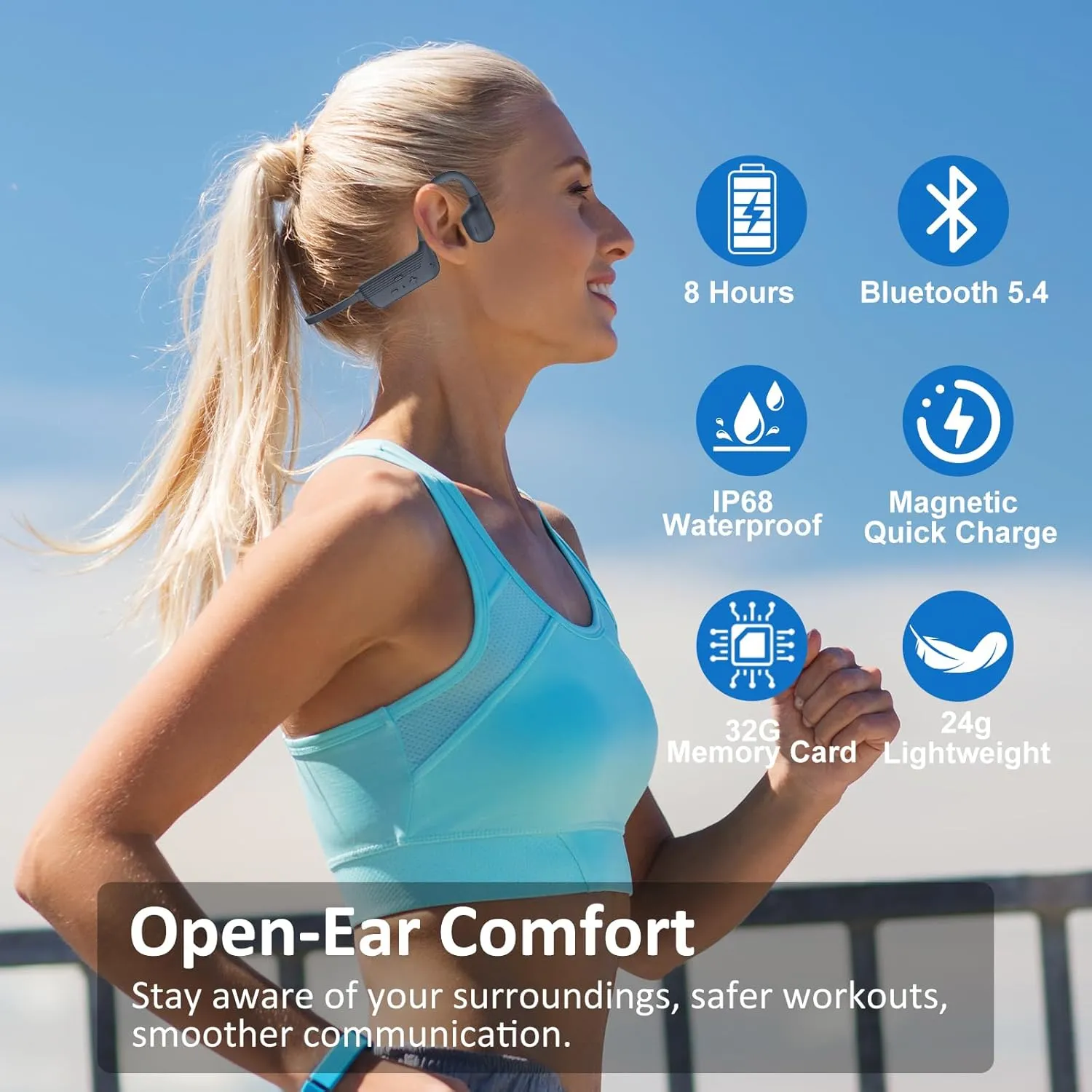 Swimming Headphones, IP68 Waterproof Bone Conduction Headphones with 32GB Memory, Bluetooth 5.4 Open Earphones, Wireless Underwater Earbuds for Swimming, Running, Sports（Grey）
