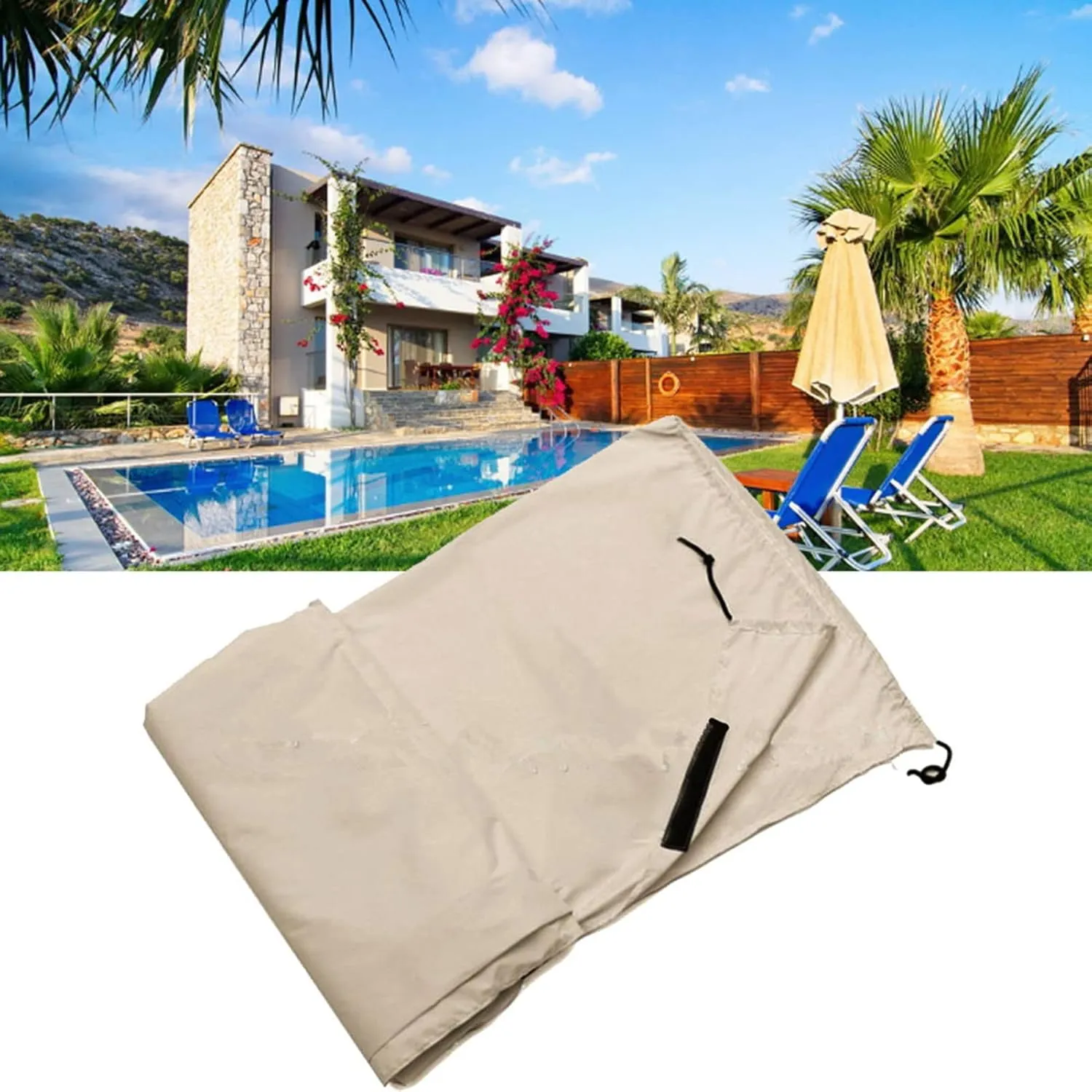 Swimming Pool Cover,Beige Open Air Swimming Pool Roll Cover Waterproof Protector for Outdoor Heavy Duty Garden (L)