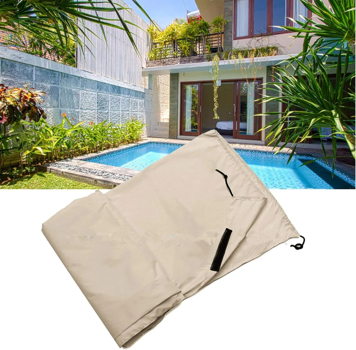 Swimming Pool Cover,Beige Open Air Swimming Pool Roll Cover Waterproof Protector for Outdoor Heavy Duty Garden (L)