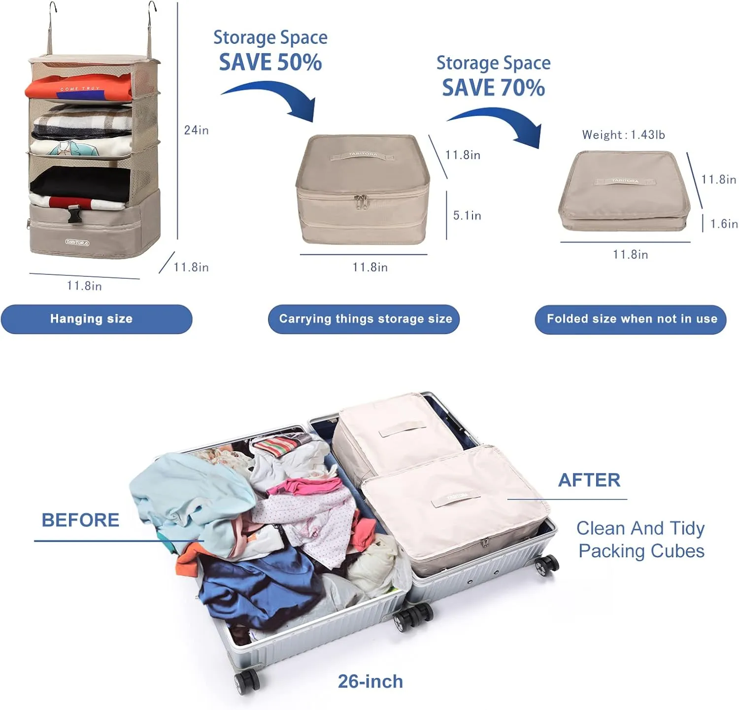 TABITORA Portable Hanging Travel Shelves Bag Packing Cube Organizer Suitcase Storage Large Capacity