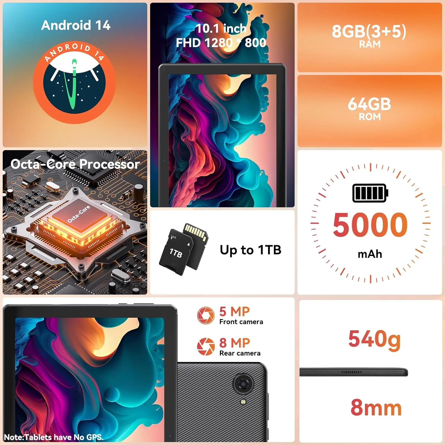 Tablet,10.1" Android Tablet with Octa-core Processor 8GB RAM 64GB ROM HD IPS Touchscreen 8H Battery, Wi-Fi 6, BT 5.0, Dual Camera, Google Tablets 2025