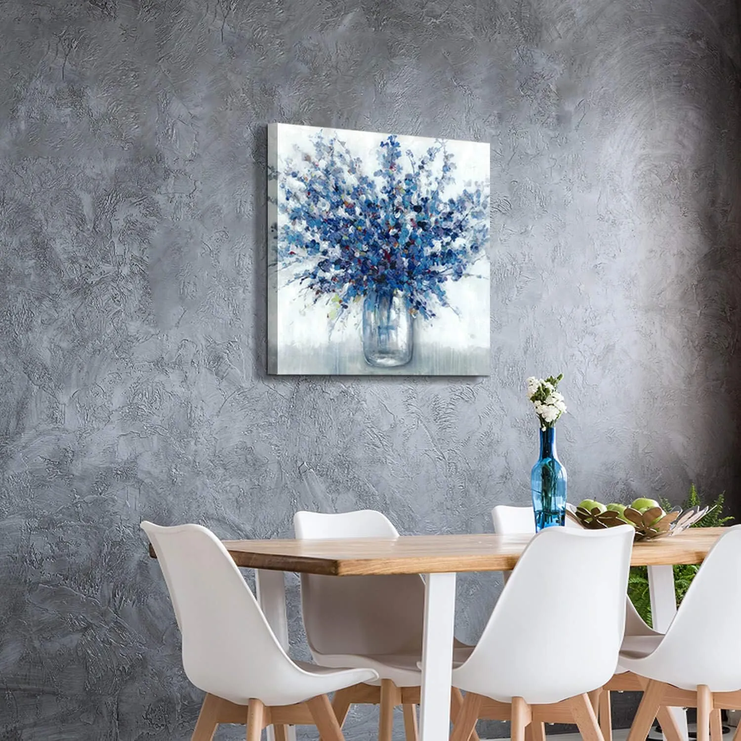 TAR TAR STUDIO Abstract Bouquet Canvas Wall Art: Blue Flowers in Vase Artwork Print Painting for Living Room Office (24''W x 24''H, Multiple Sizes)