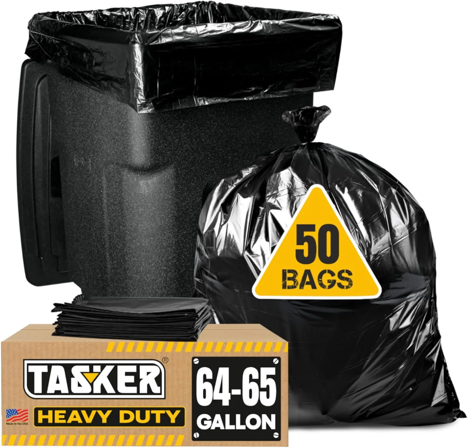Tasker 64-65 Gallon Trash Bags Heavy Duty (Value-PACK 50 Bags w/Ties) Large Black Industrial Trash Bags Heavy Duty, 60 Gallon Garbage Bags
