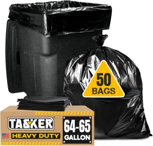 Tasker 64-65 Gallon Trash Bags Heavy Duty (Value-PACK 50 Bags w/Ties) Large Black Industrial Trash Bags Heavy Duty, 60 Gallon Garbage Bags
