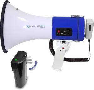 Technical Pro Portable 75-Watt Megaphone Bullhorn Speaker w/Detachable Microphone w/Rechargeable Battery, a Built-in AC Wall Charger, Good for Trainers, Soccer, Coaches, Cheer Leaders