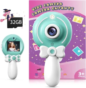 TEKFUN Kids Camera Toy for Girls Age 3-9, Magic Wand with Bow Handheld Camera, Portable 1080P HD Video Selfie Digital Camera with 32GB SD Card, Christmas Birthday Gifts for Toddler, Blue