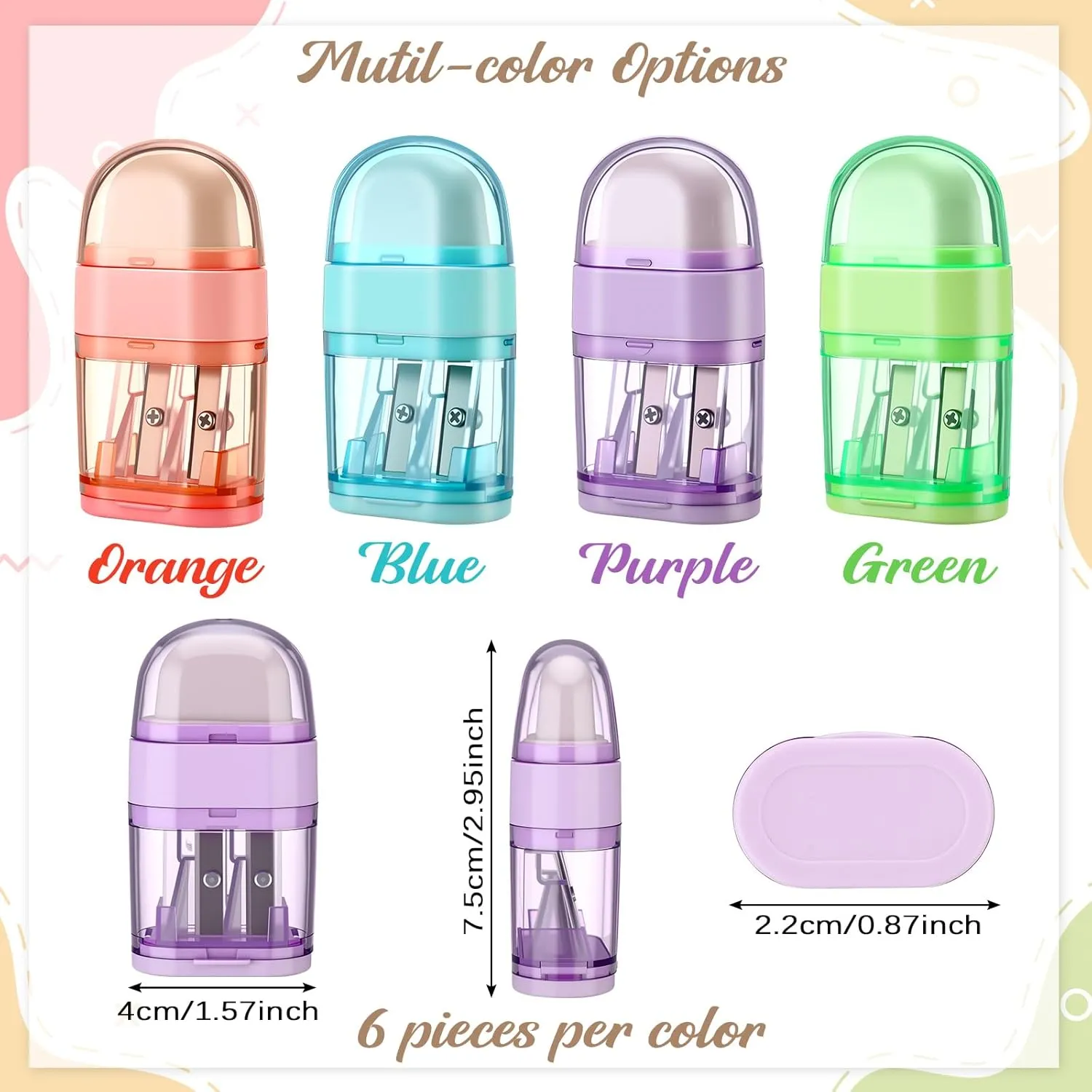 Tenceur 24 Pack Manual Cute Pencil Sharpener with Eraser Double Holes Multicolored Handheld Pencil Sharpener Preppy Back to School Supplies for Girls Kids Office Home Classroom Rewards