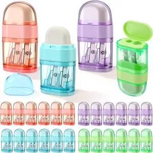 Tenceur 24 Pack Manual Cute Pencil Sharpener with Eraser Double Holes Multicolored Handheld Pencil Sharpener Preppy Back to School Supplies for Girls Kids Office Home Classroom Rewards