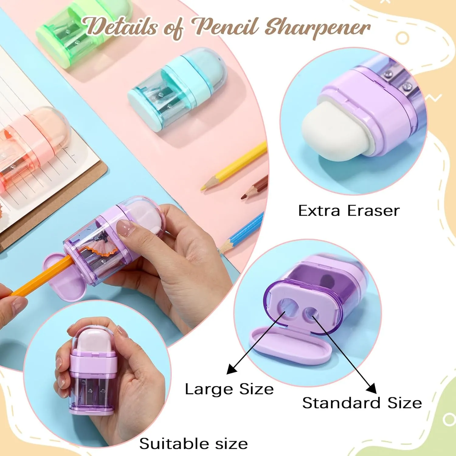 Tenceur 24 Pack Manual Cute Pencil Sharpener with Eraser Double Holes Multicolored Handheld Pencil Sharpener Preppy Back to School Supplies for Girls Kids Office Home Classroom Rewards