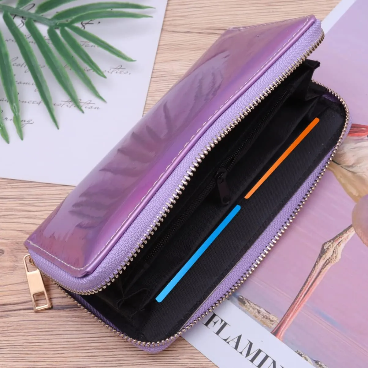 TENDYCOCO 1pc Card Purse Violet Leather Sequins Purses Wallet Zipper Money Coin Slim Holographic Pu Shining Rainbow Clutch for Long Female Cell Sparking Holder Wallets Women Bag