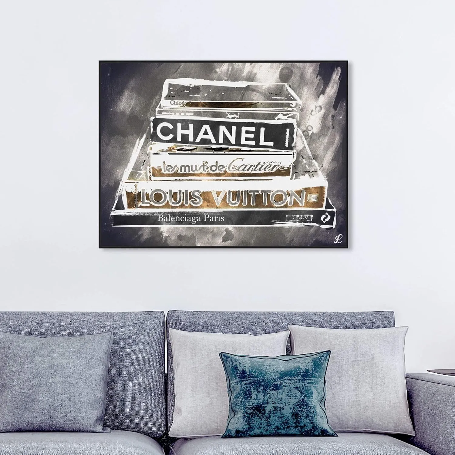 The Oliver Gal Artist Co. Fashion and Glam Framed Wall Art Canvas Prints 'Lectures Grey' Books Home Décor, 45" x 36", Gold, Gray